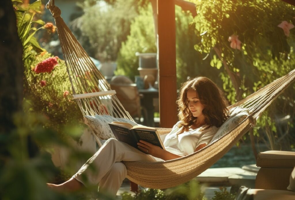 Nő függőágyban olvas